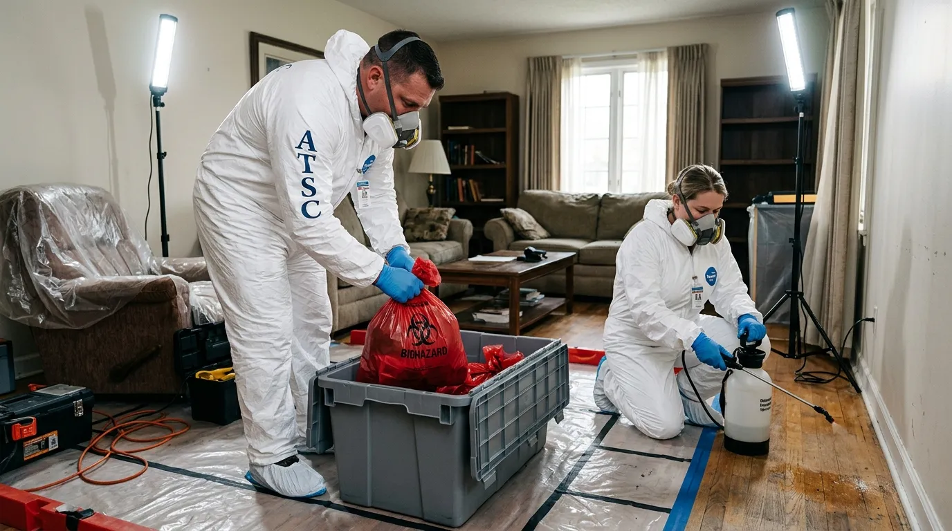 Professional Biohazard Cleanup technician in full PPE working in Yorba Linda